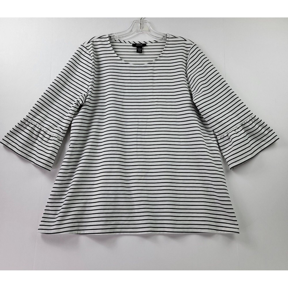 Alfani Blouse Women’s L White Black Striped 3/4 Bell Sleeve Stretch Scoop Neck